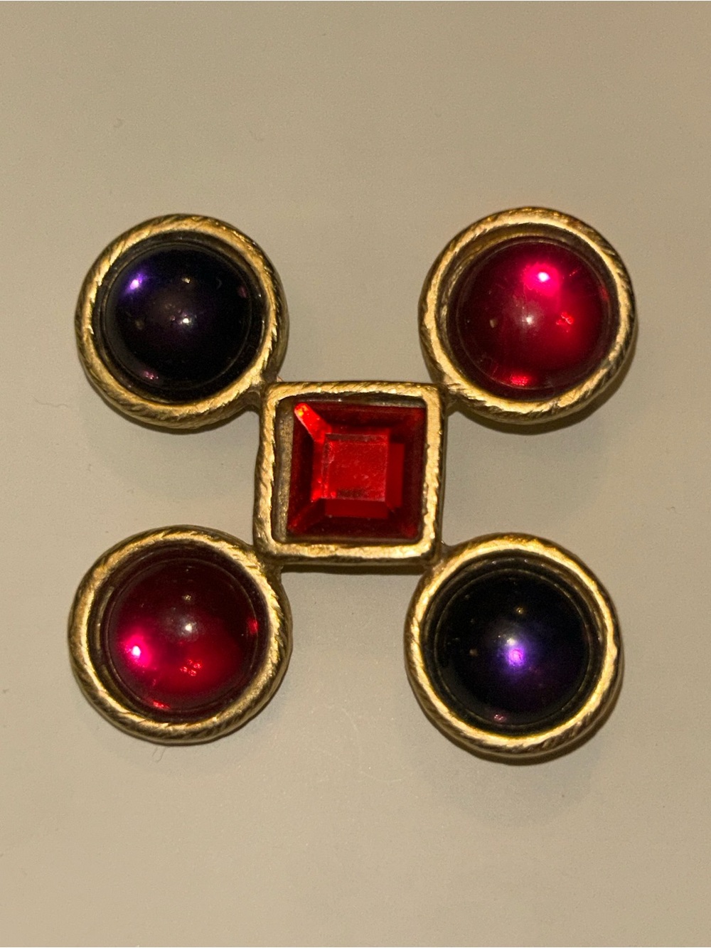 Gold-Tone Red & Purple Cabochon Statement Brooch